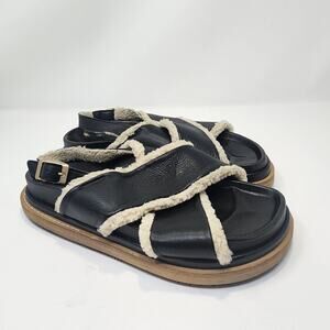 Alohas Marshmallow Black Leather Platform Sandal Women Size 39 US 8 Sherpa Lined